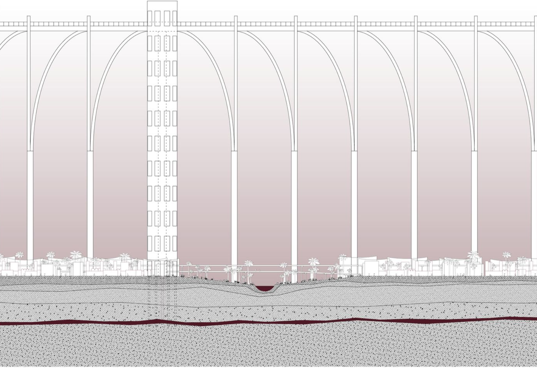 Architectural section showing arched structural bays, underground water systems, and habitation levels