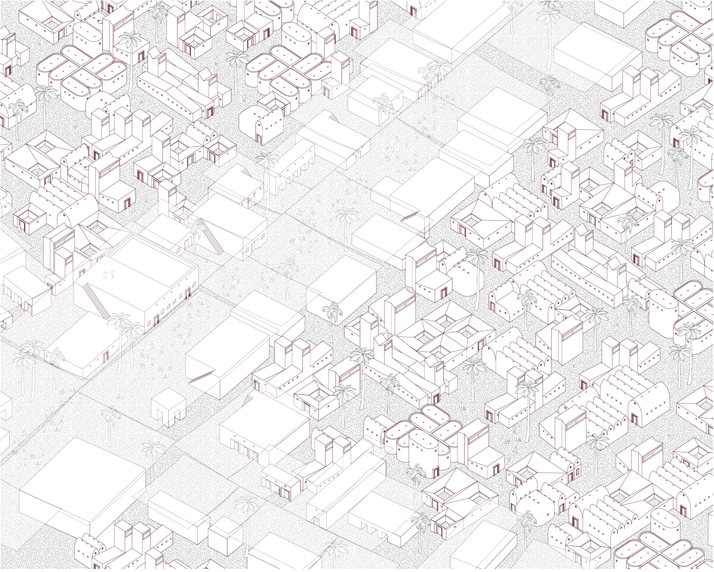 Axonometric drawing of the dense urban fabric with courtyards, shaded streets, and varied building forms