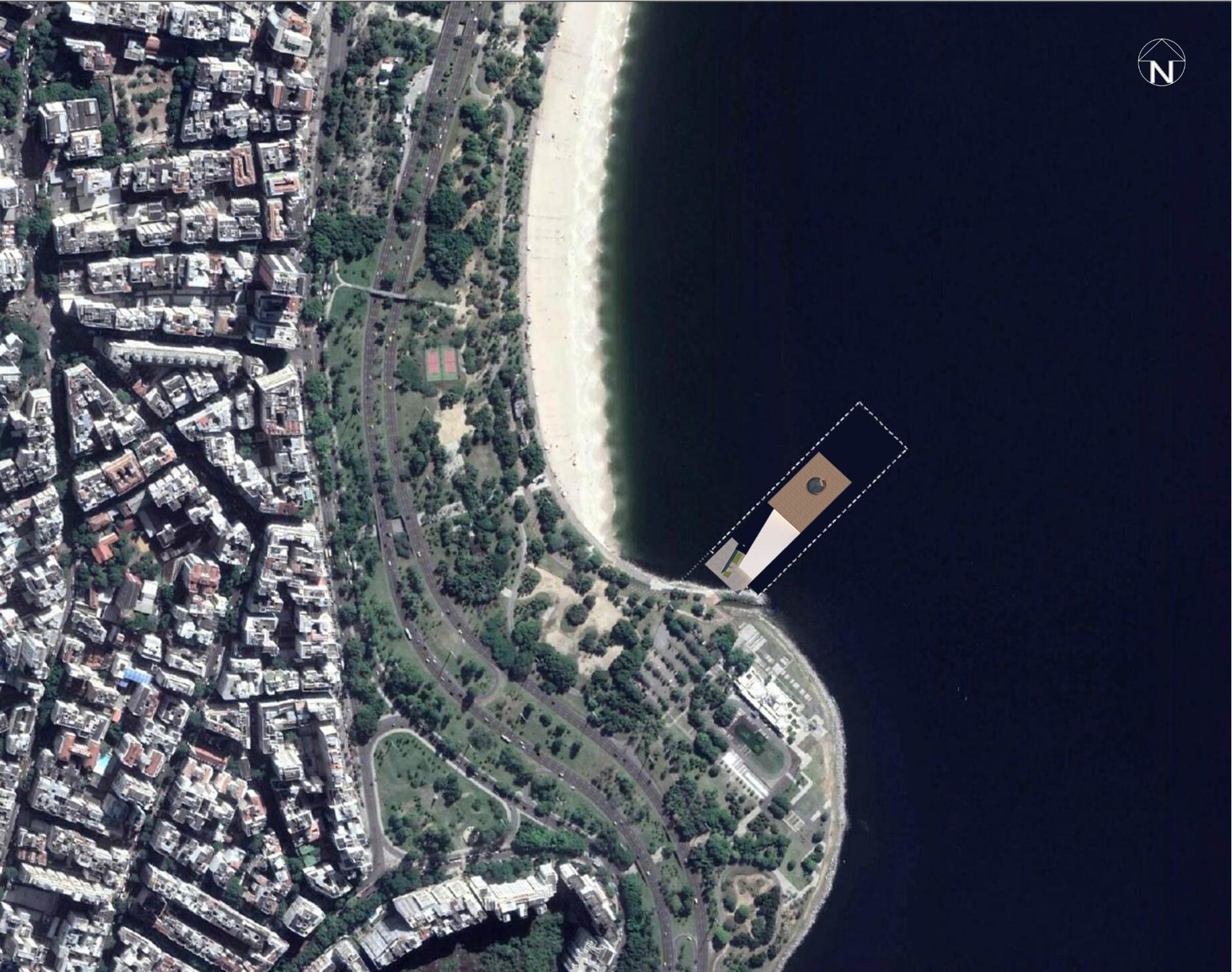 A bird’s-eye view of the Athena Museum, perfectly positioned along the coast for unparalleled access and design harmony.