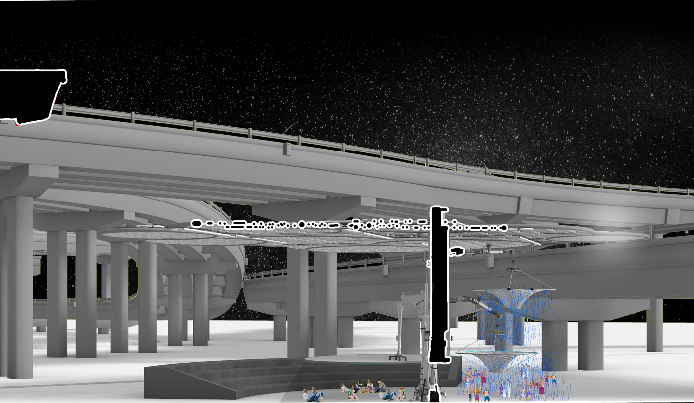 Night view under the flyover: a cluster of luminous rings hangs from the underside of the concrete highway, figures gather on a lit platform beneath, turning the leftover infrastructural space into a civic room