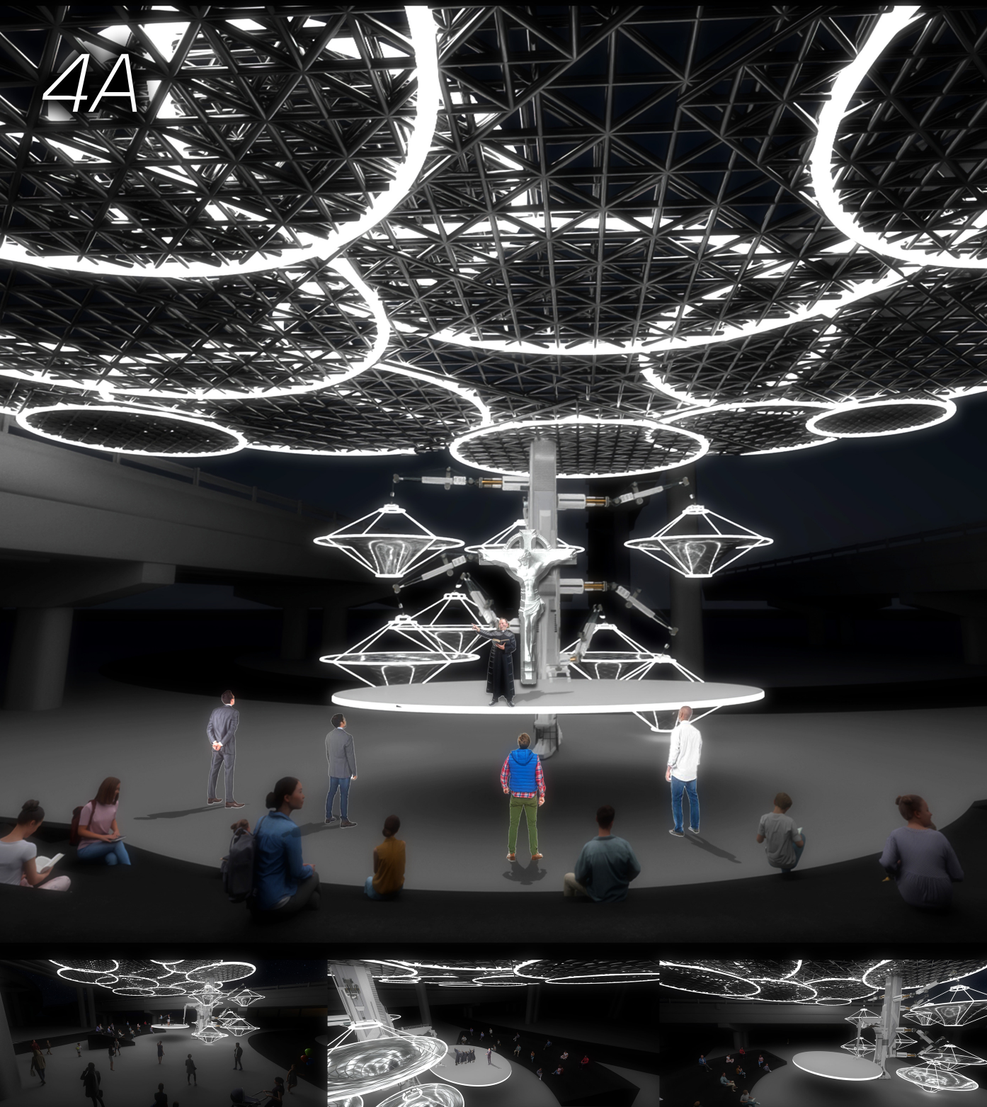 Interior view 4A: LED rings suspended from a deep steel grid ceiling converge on a central kinetic chandelier, with diamond-shaped illuminator units lowered on cables over a round stage and audiences seated on the surrounding plinth