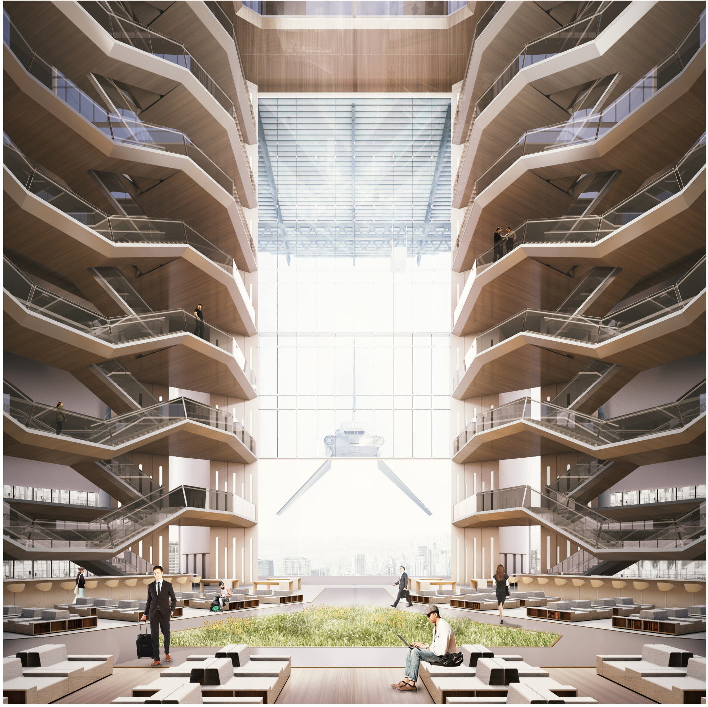 Sky Lobby: A harmonious blend of natural light, open spaces, and functional design, creating a hub for collaboration and relaxation above the city.