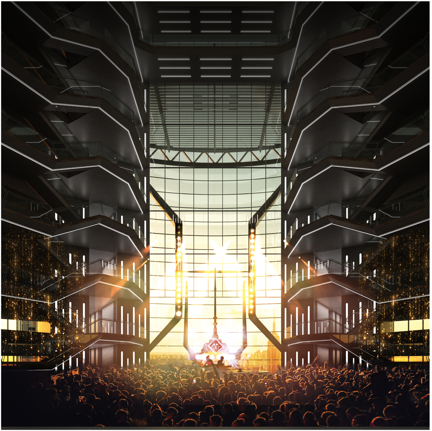 A dynamic event space within the sky lobby transforms into a vibrant venue, blending urban energy with breathtaking city views.