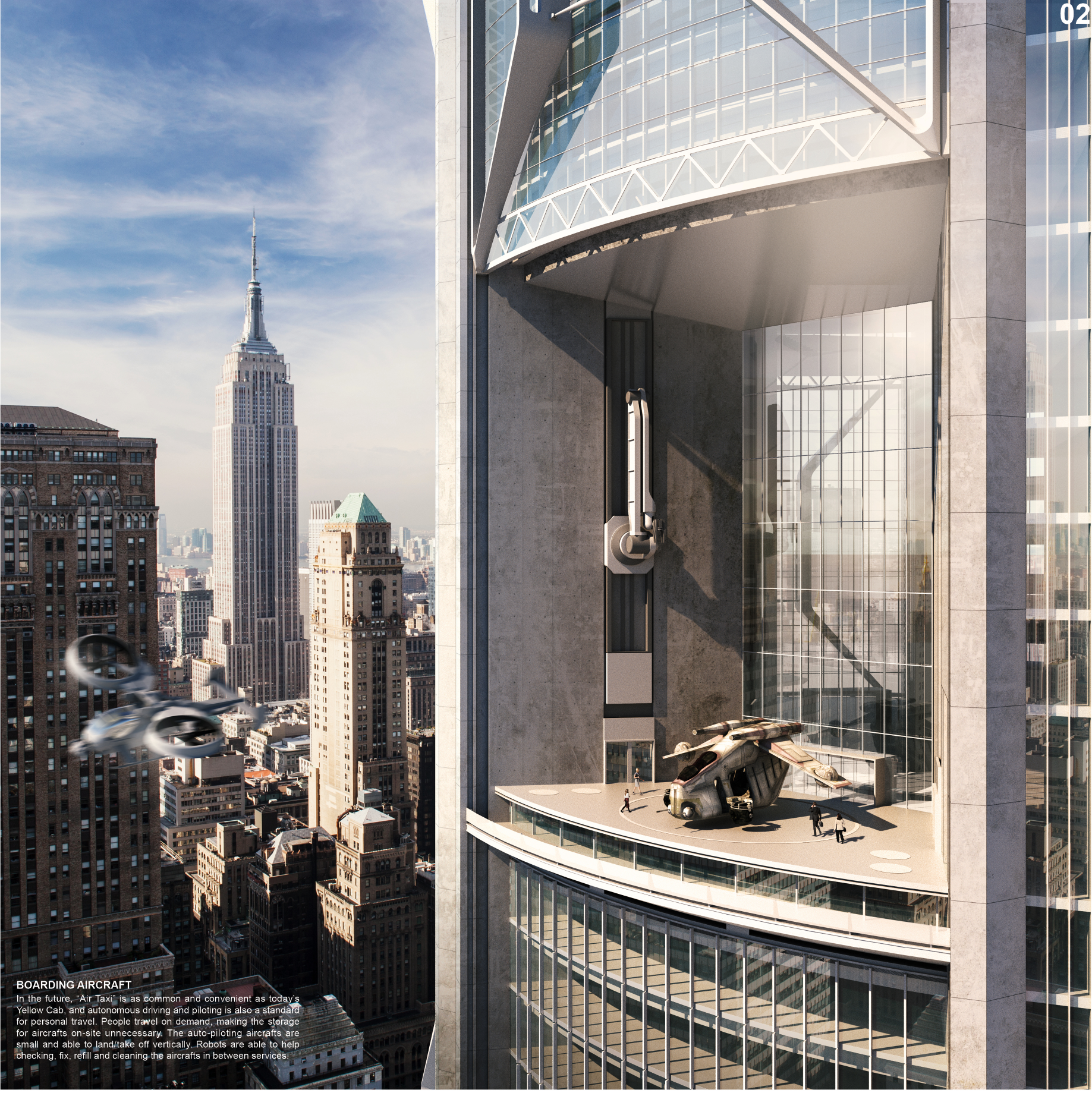 Boarding Aircraft: Seamlessly integrating air travel into urban living, the Aeroscraper redefines mobility with vertical docking platforms.