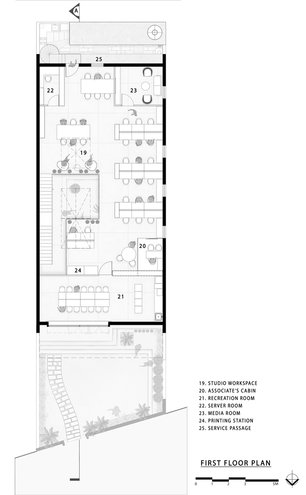 First floor plan indicating studio workspace, meeting rooms, and terraced front area with trees
