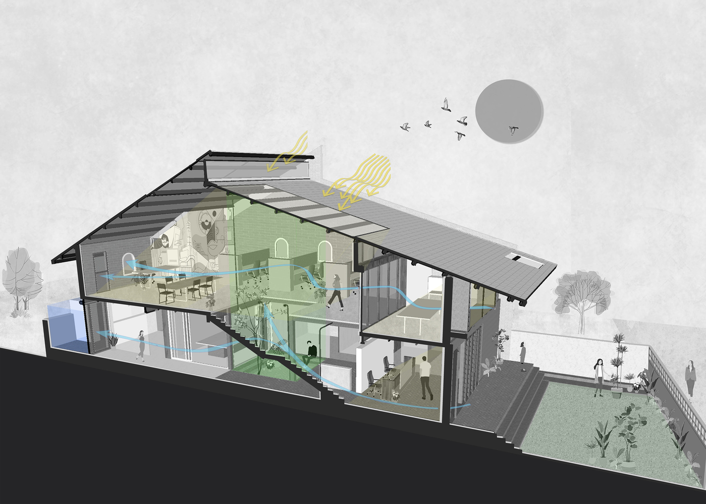 Section drawing showing the sloped roof, courtyard void, and interior circulation with figures and birds