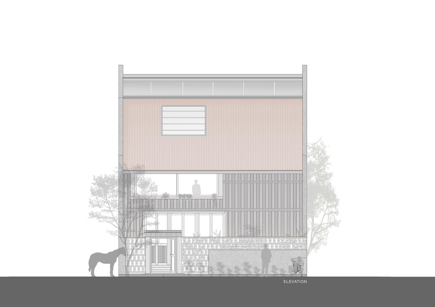 Elevation drawing showing a multi-story facade with varied materials and a horse standing at ground level