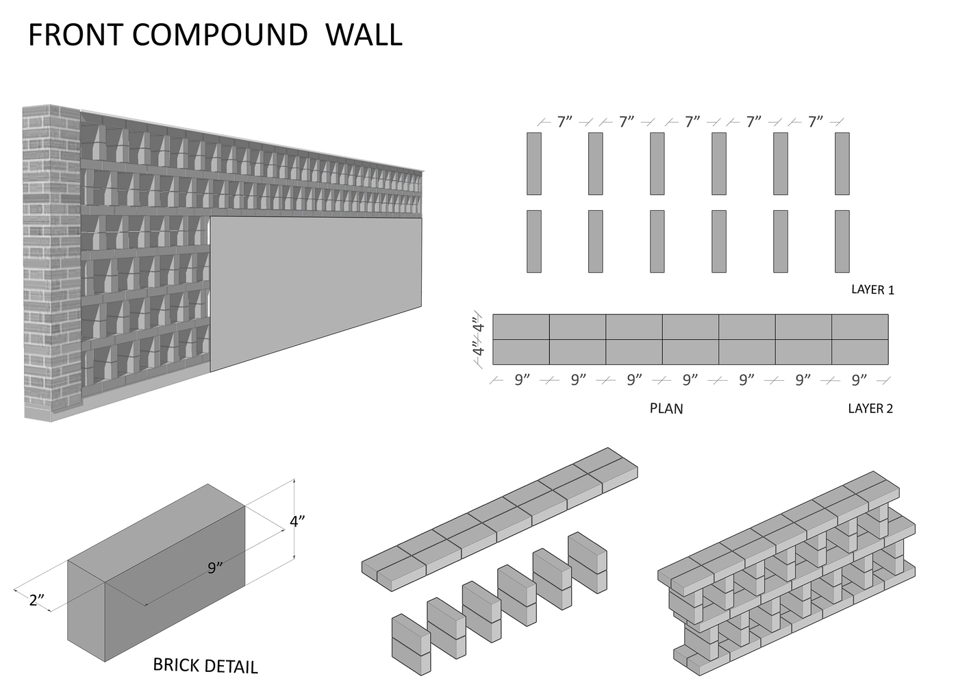 Isometric drawing showing the compound wall assembly with patterned brick layers and dimensional details