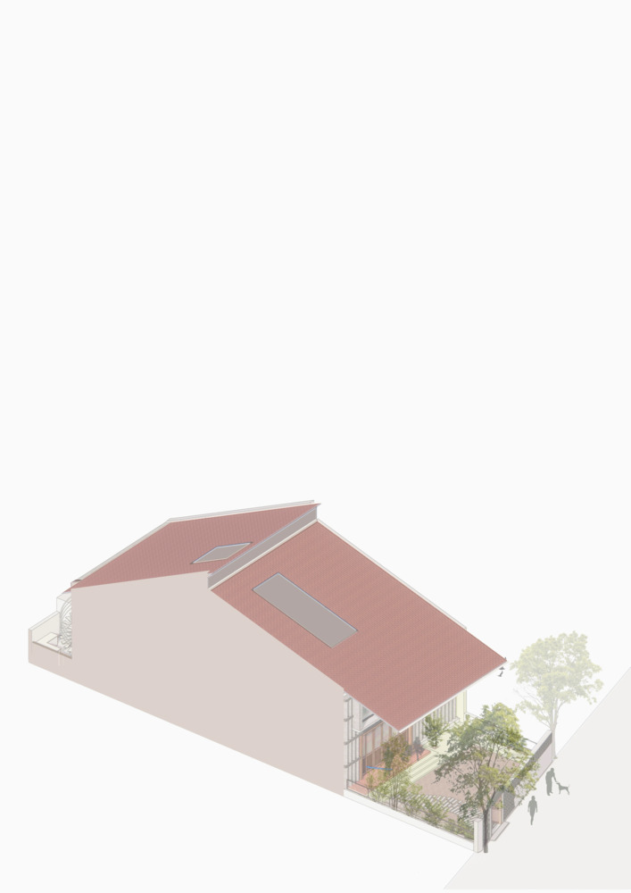 Axonometric view of the gabled roof volumes with skylights and a courtyard garden below