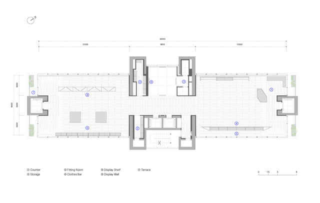 Furnished plan: layout with counter, storage, fitting rooms, clothes bars, display shelves, display walls, and terraces marked