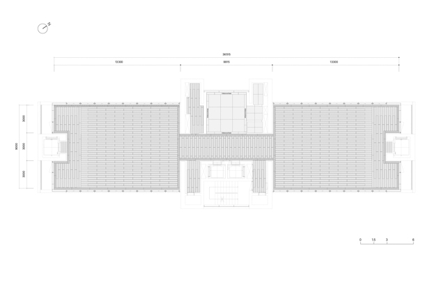 Ceiling plan: exposed ceiling structure with joists spanning the two wings, central core, skylights