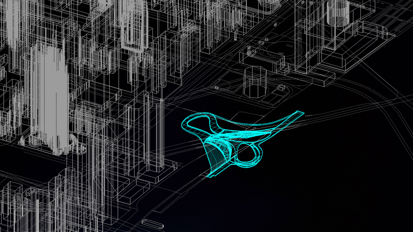 A futuristic architectural blueprint showcasing the fluid design of the Lightwell District.