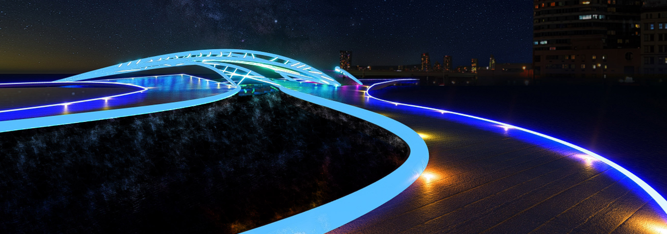 Dynamic LED-lit pathways blending art and architecture in the Lightwell District.