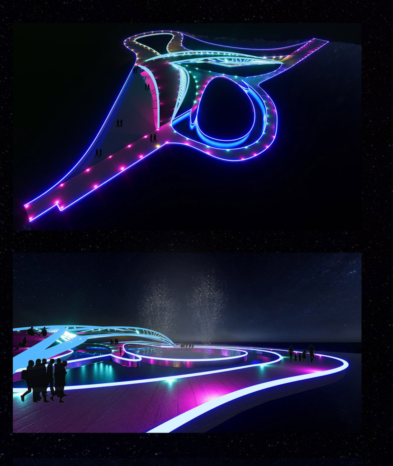 A breathtaking aerial view highlighting the vibrant lighting design of the Lightwell District.