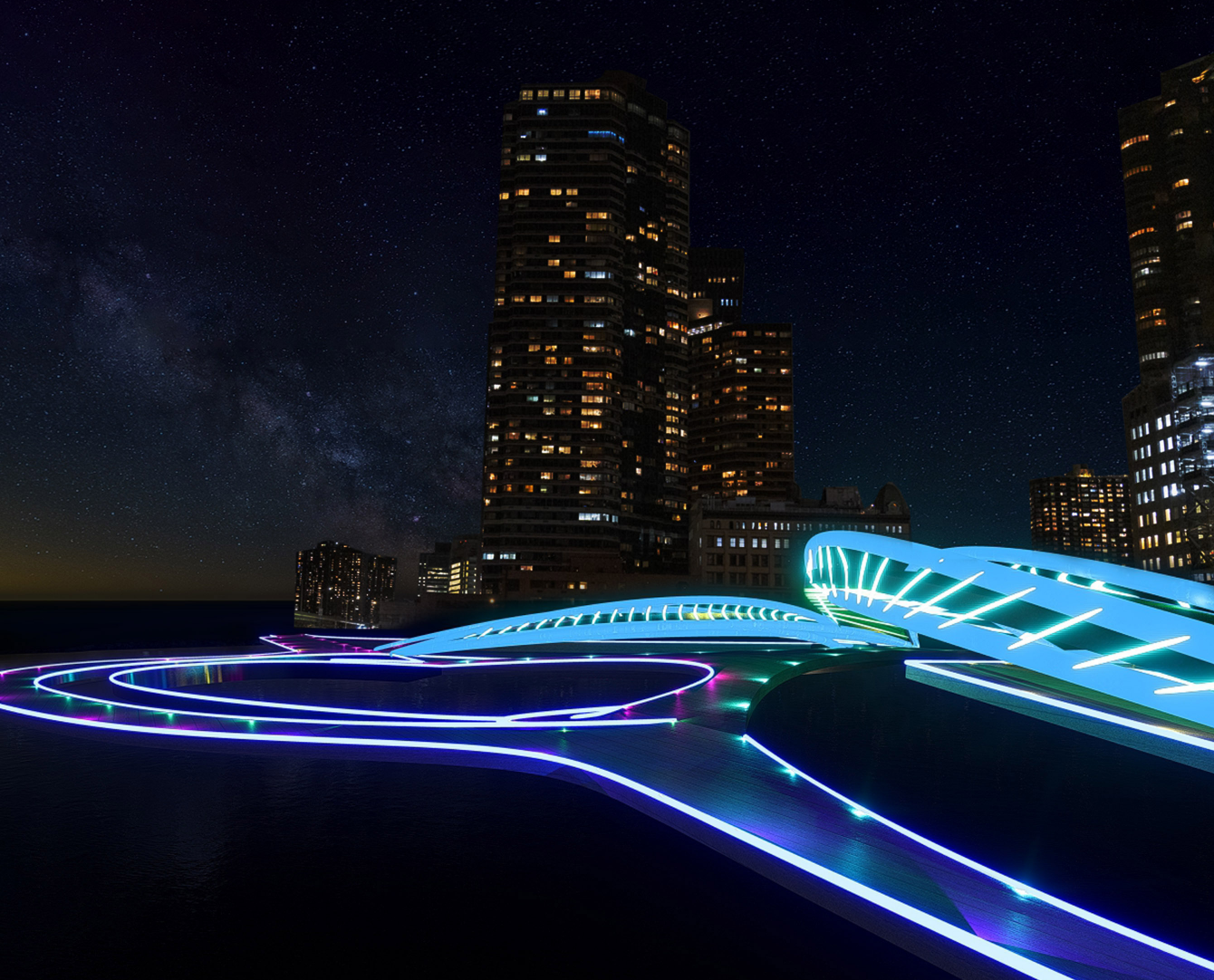 The Lightwell District coming alive under the stars, redefining urban illumination.