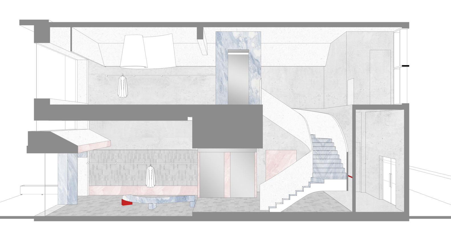 Section drawing showing a double-height retail space with a curved staircase connecting two levels