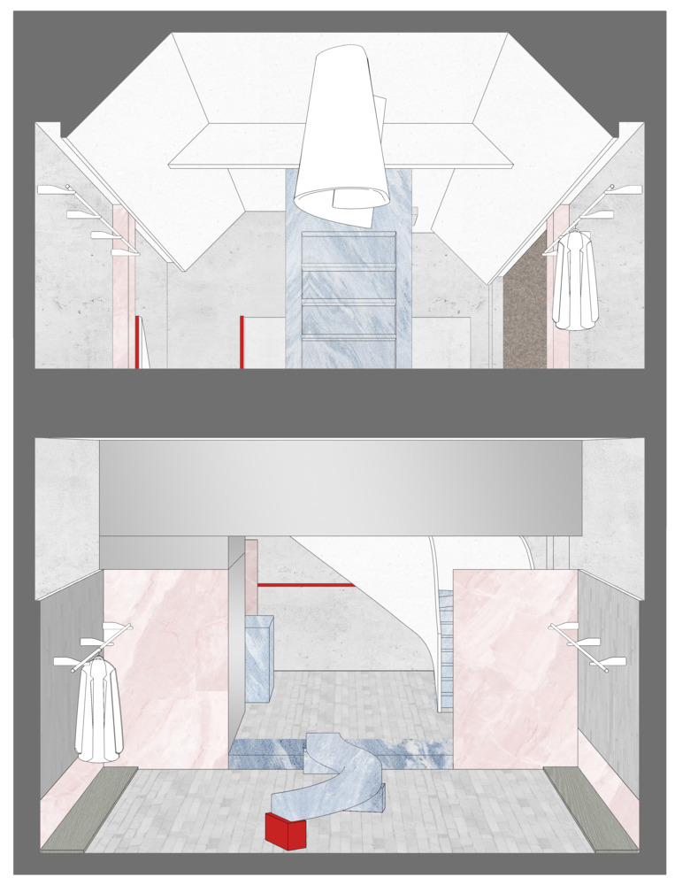 Interior elevation drawings depicting retail display areas with pendant lighting and pink paneling