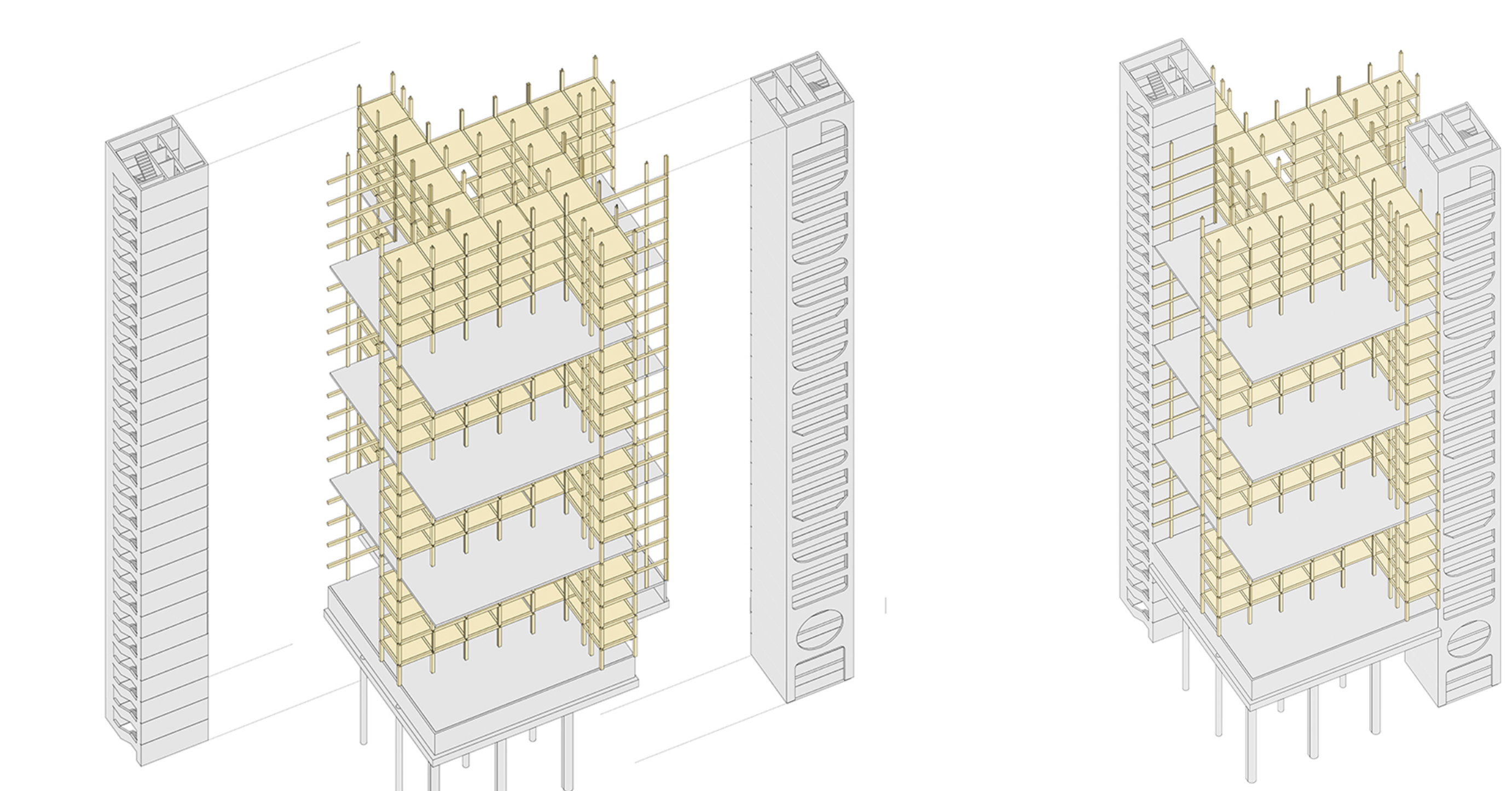 Innovative hybrid structure combining concrete and wooden frameworks for stability and sustainability.