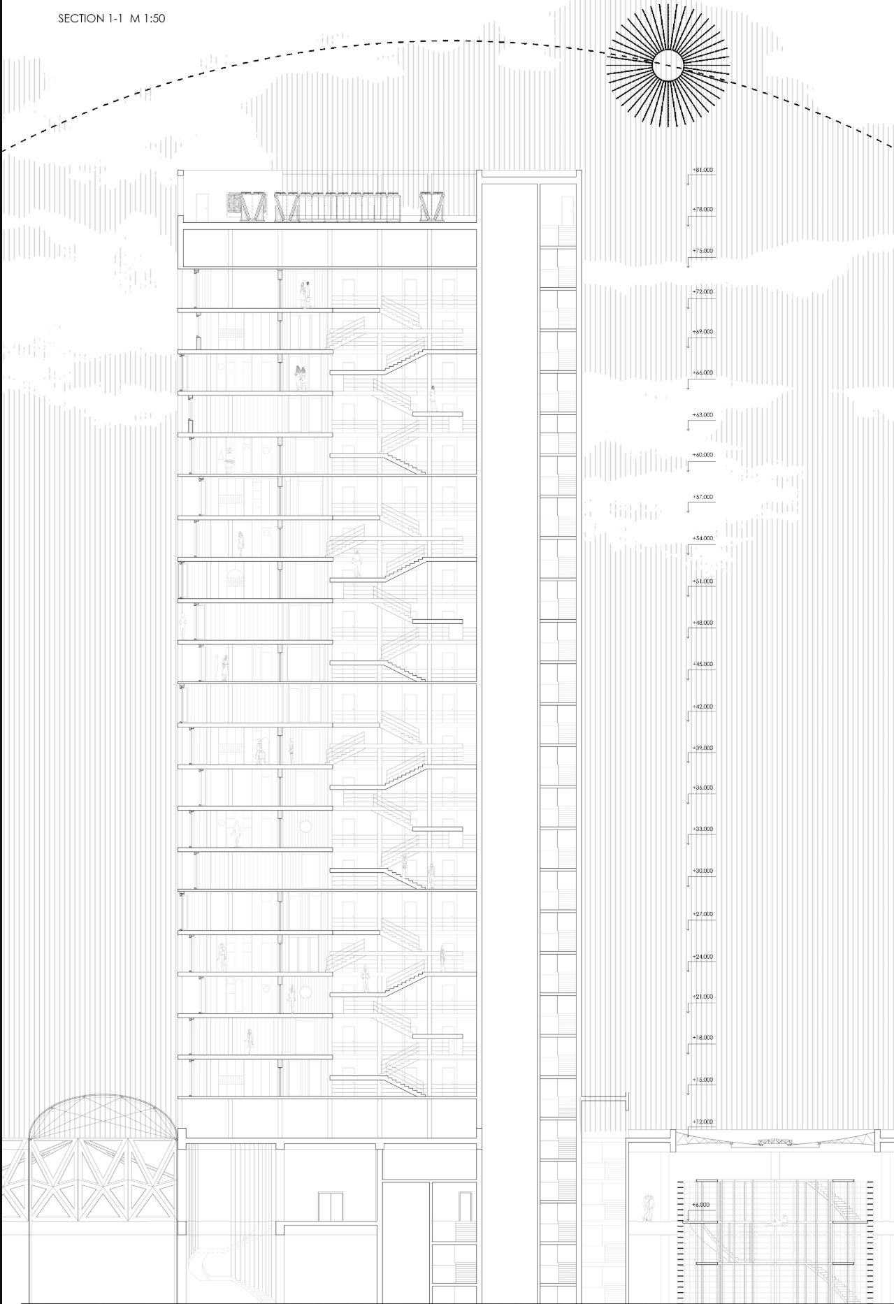 Cross-sectional view showcasing the layout and design of the tower.