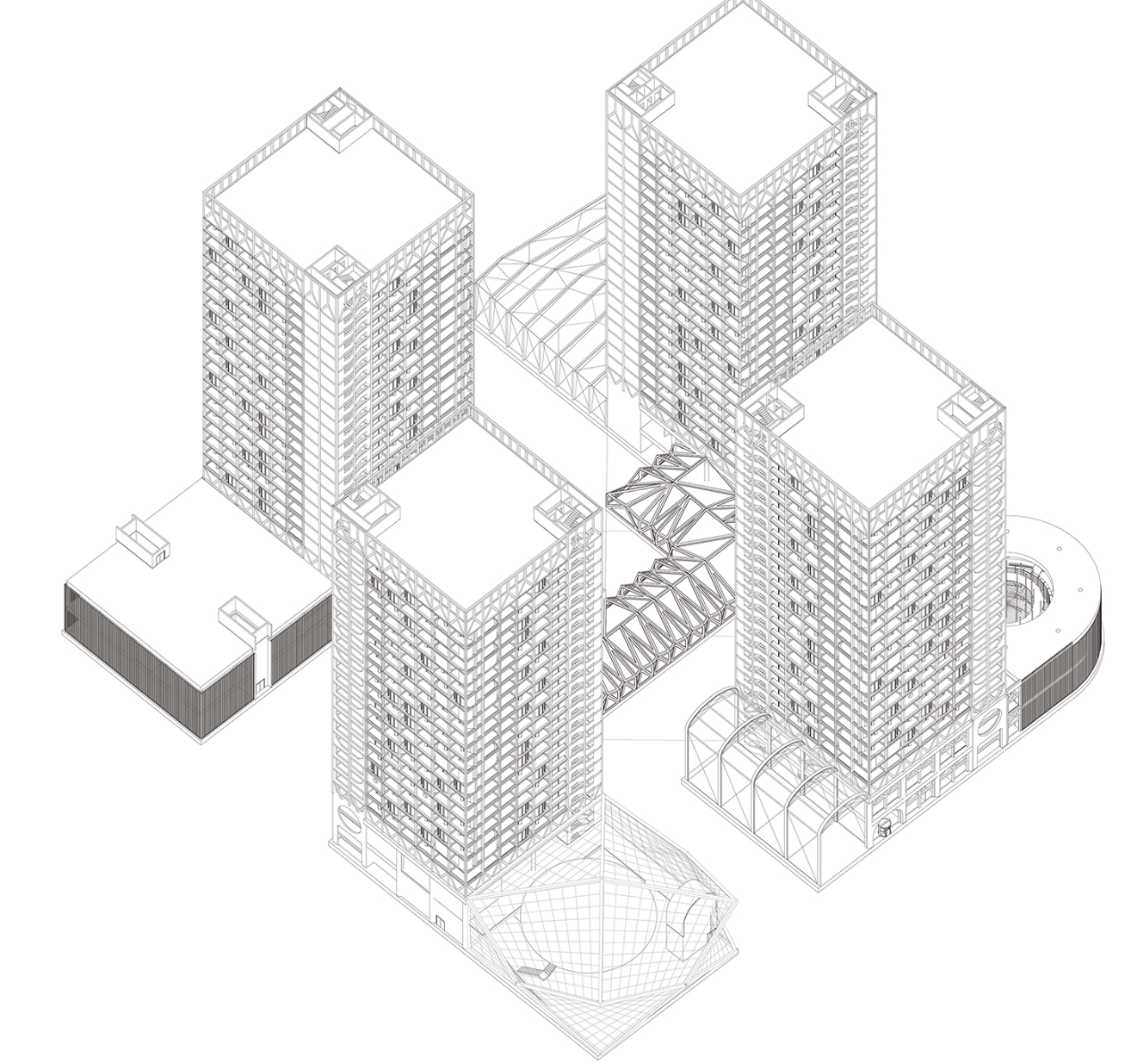 An aerial layout of the residential complex with interconnected galleries symbolizing "root systems.