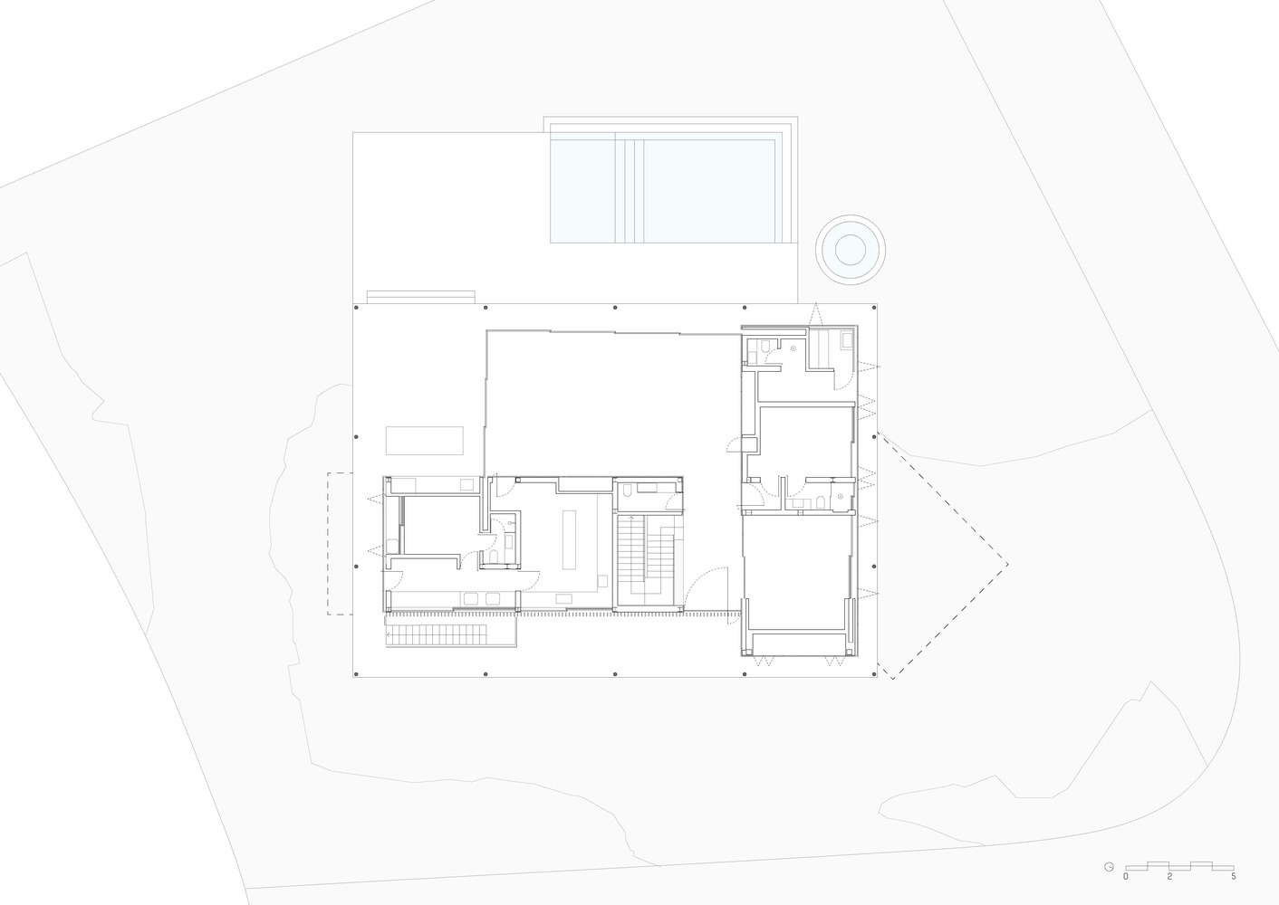 Ground floor plan: corner plot with living and dining under deep roof slab, pool and spa to the rear, bedrooms and service areas