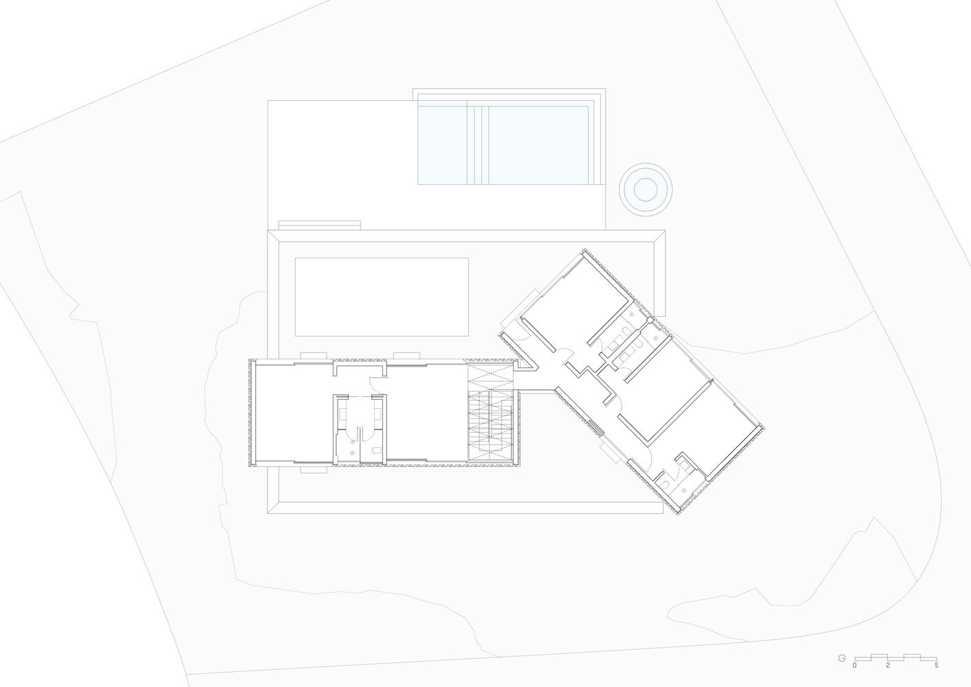 Upper floor plan: two angled volumes connected by stair, master suite in one wing, additional bedrooms in the other