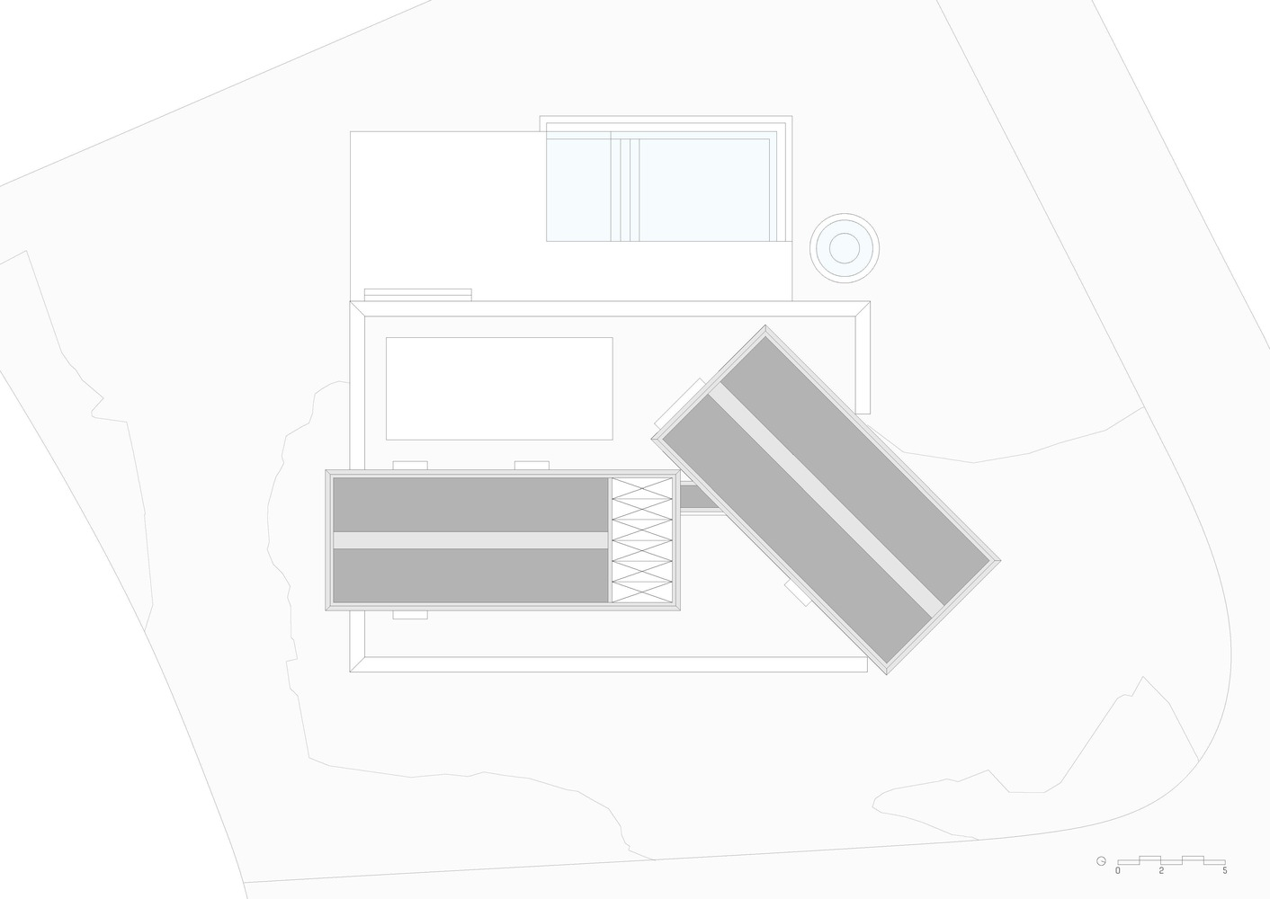 Roof plan: two upper volumes in grey with standing-seam roofs set at an angle to the ground floor, pool and circular spa below