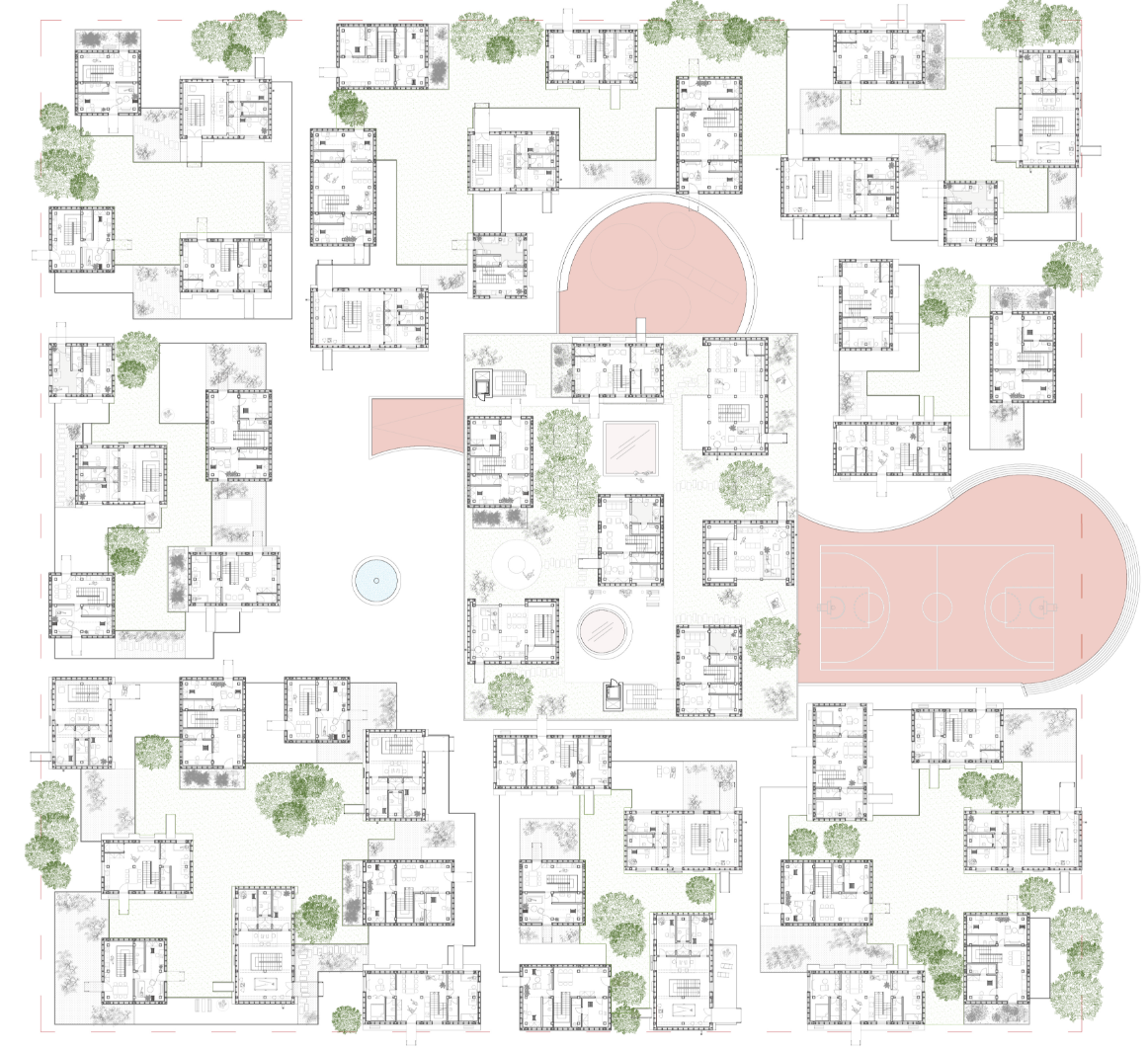 The schematic diagram underlines the strategic planning of communal and recreational areas, ensuring accessibility for all.