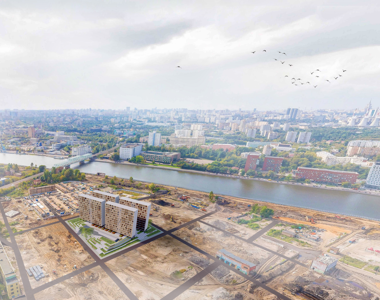 An overview of the Farm/House complex, showcasing its strategic urban location and integration with the city landscape.