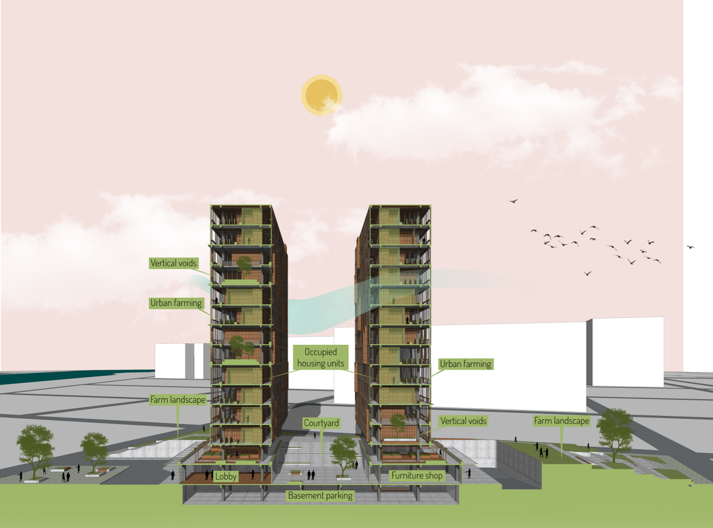 A cross-sectional illustration of the building, highlighting urban farming spaces and residential units.