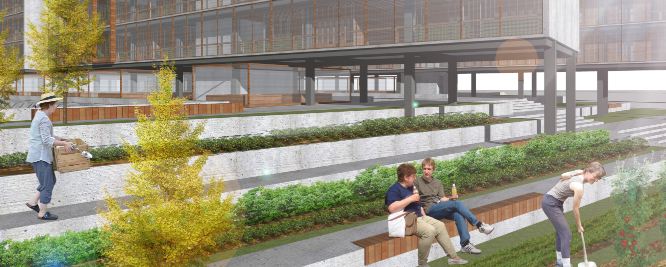 A vibrant shared space where residents grow produce, fostering collaboration and eco-friendly practices.