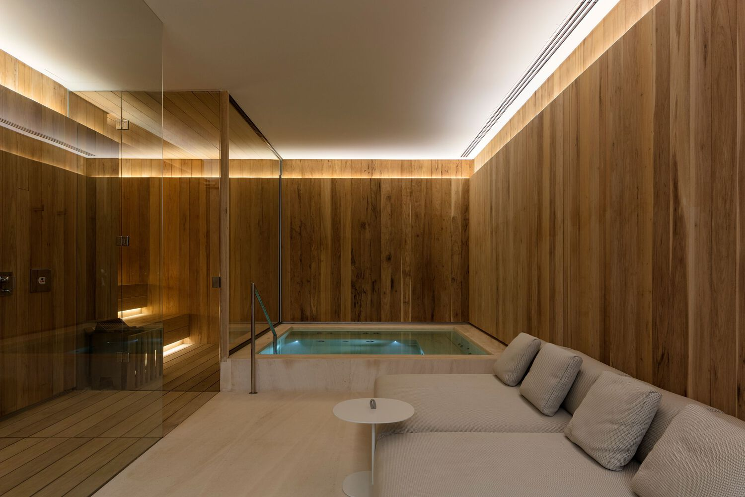 Interior spa room with timber walls, sunken plunge pool and concealed perimeter lighting