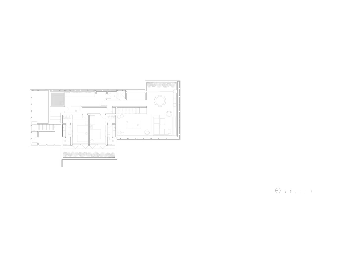 Floor plan drawing showing L-shaped layout with interior rooms and perimeter planted terraces