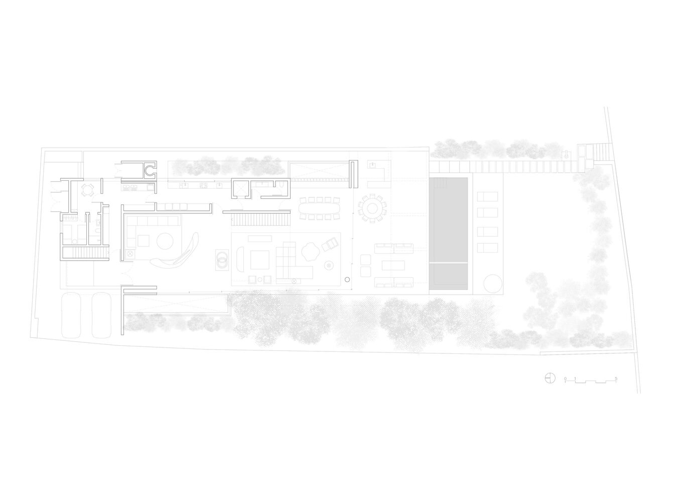 Ground floor plan drawing showing open living spaces with pool and landscaped garden areas