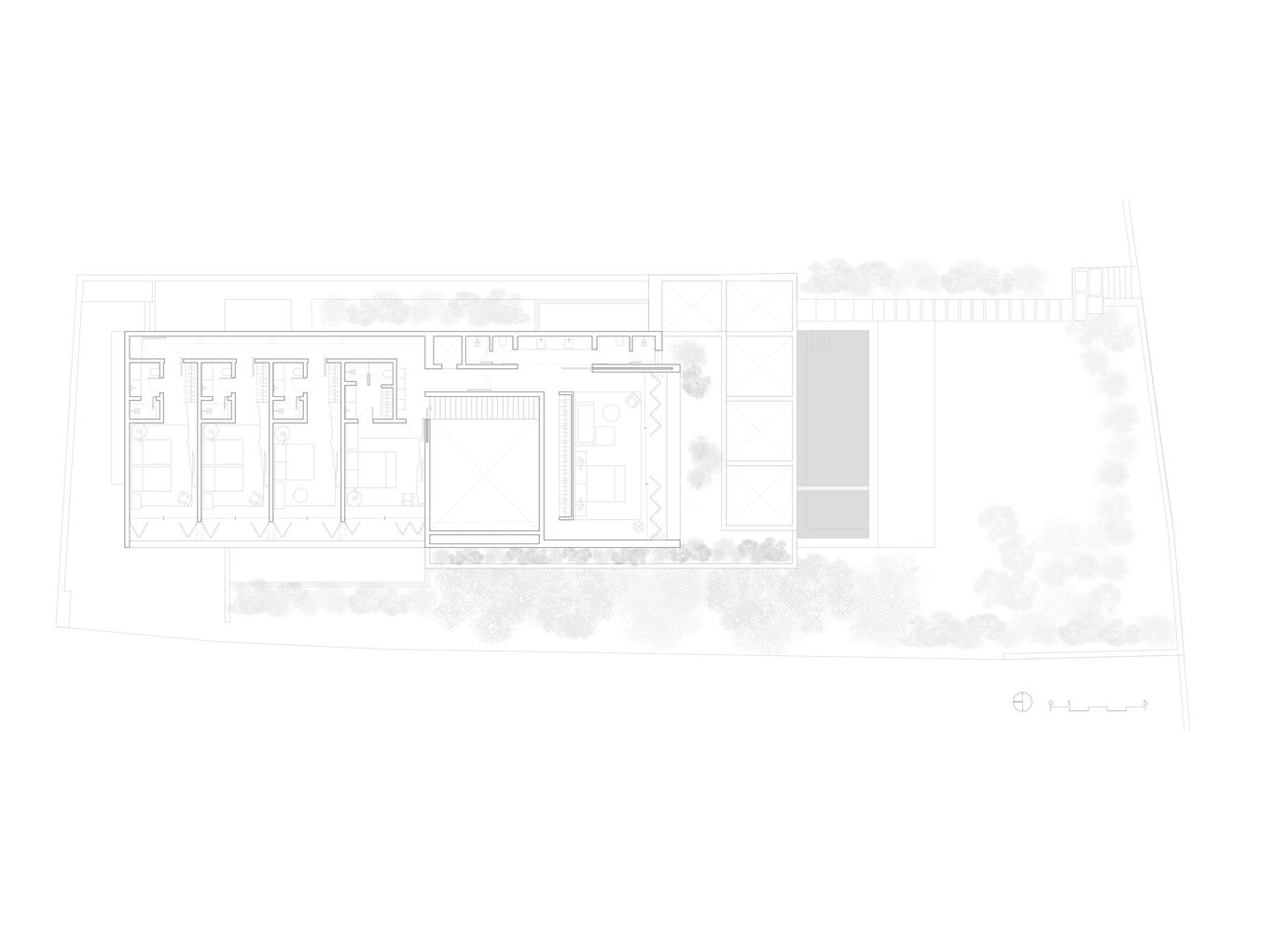 Upper floor plan drawing showing bedroom suites arranged along one wing with planted terrace