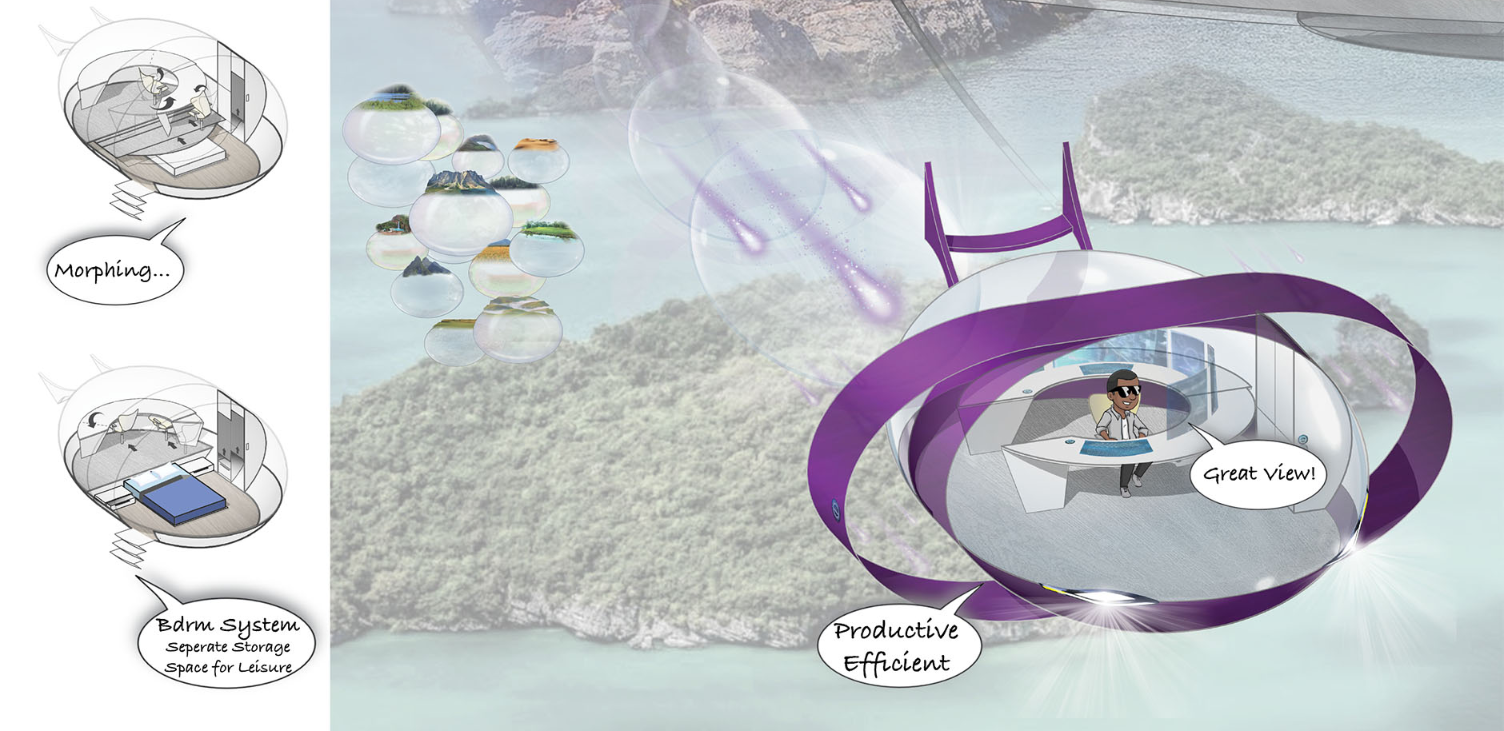FLYPOD interior: a morphing ergonomic seat with panoramic landscape views, purple ring frame structure, and a compact productive workspace