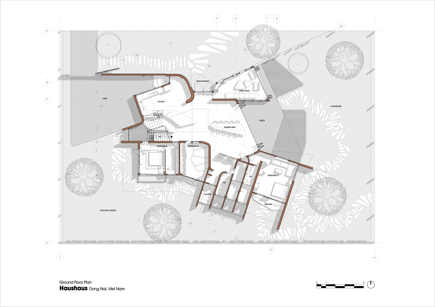 Ground floor plan drawing showing clustered angular volumes around courtyards and surrounding landscape