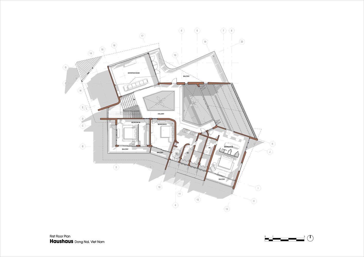 First floor plan drawing showing bedrooms and living spaces distributed across the angled wings