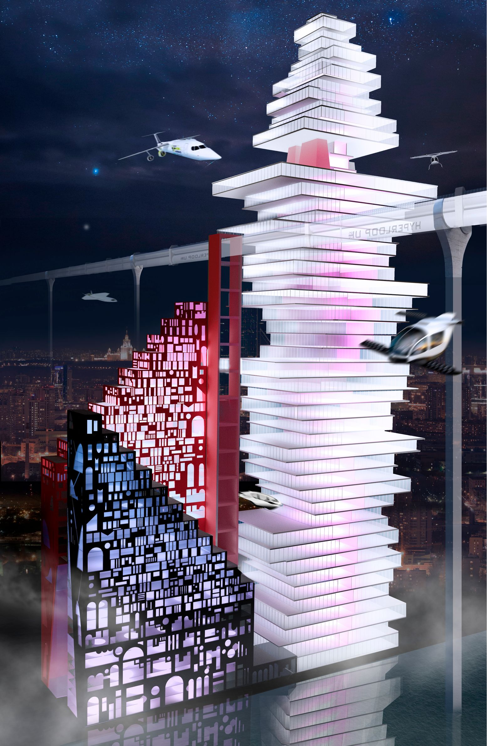 The CityGate at night: a futuristic marvel illuminating the skyline, seamlessly integrating mobility, architecture, and innovation.