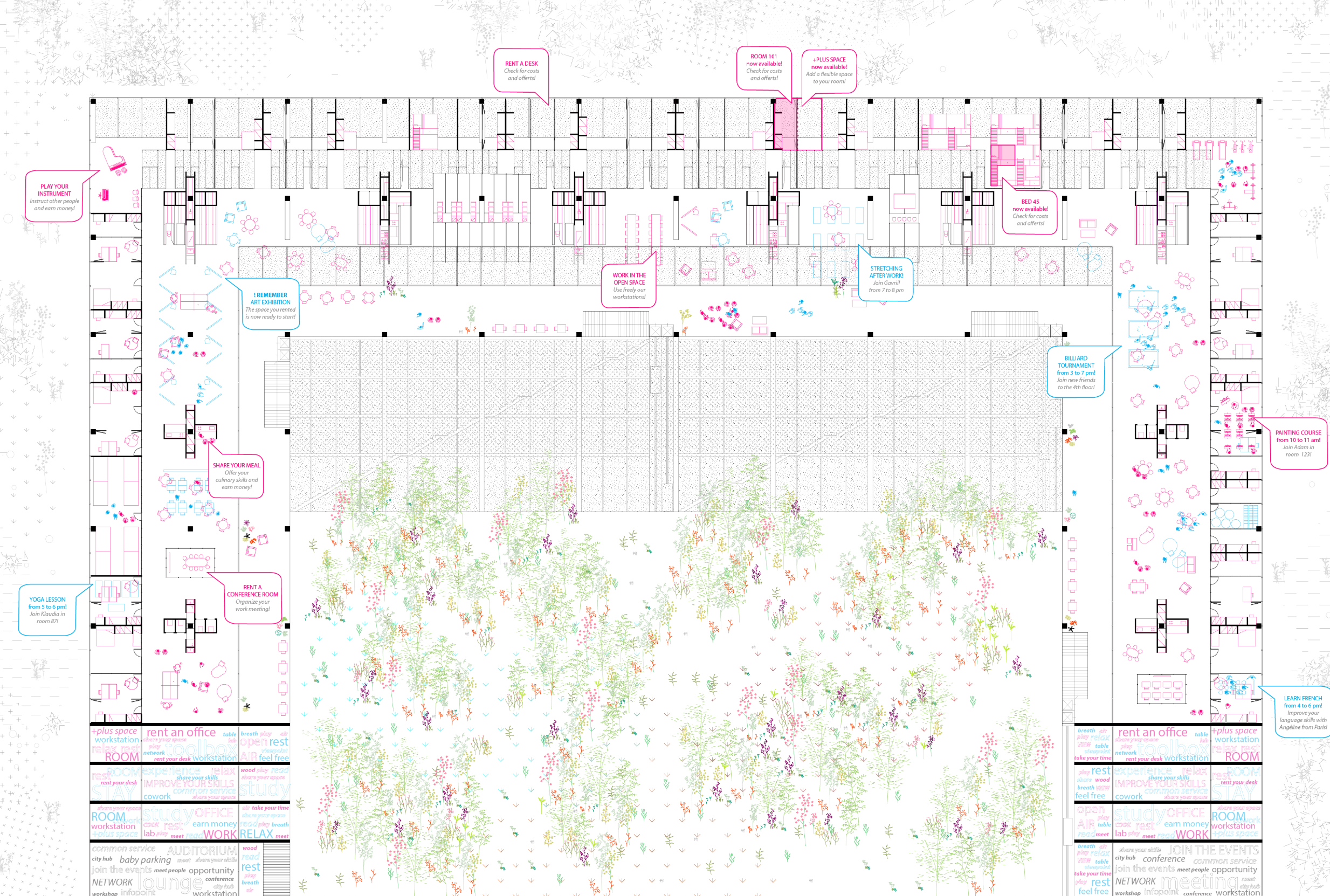 A detailed view showcasing the interconnectivity of shared spaces where individuals can meet, collaborate, and thrive.