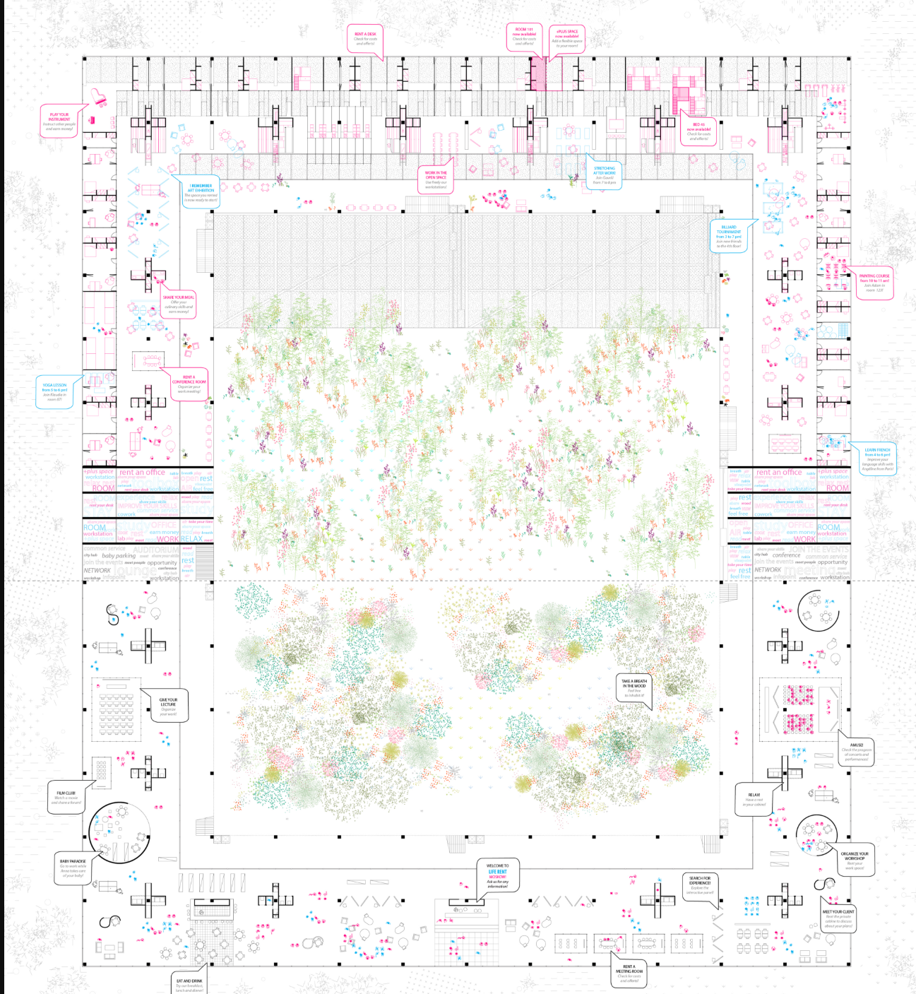A variety of rentable workspaces tailored for productivity and networking within a modern co-living environment.