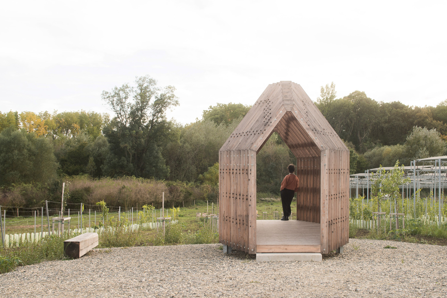 Timber pavilion with perforated walls and visitor walking through, backed by tree line and greenhouses