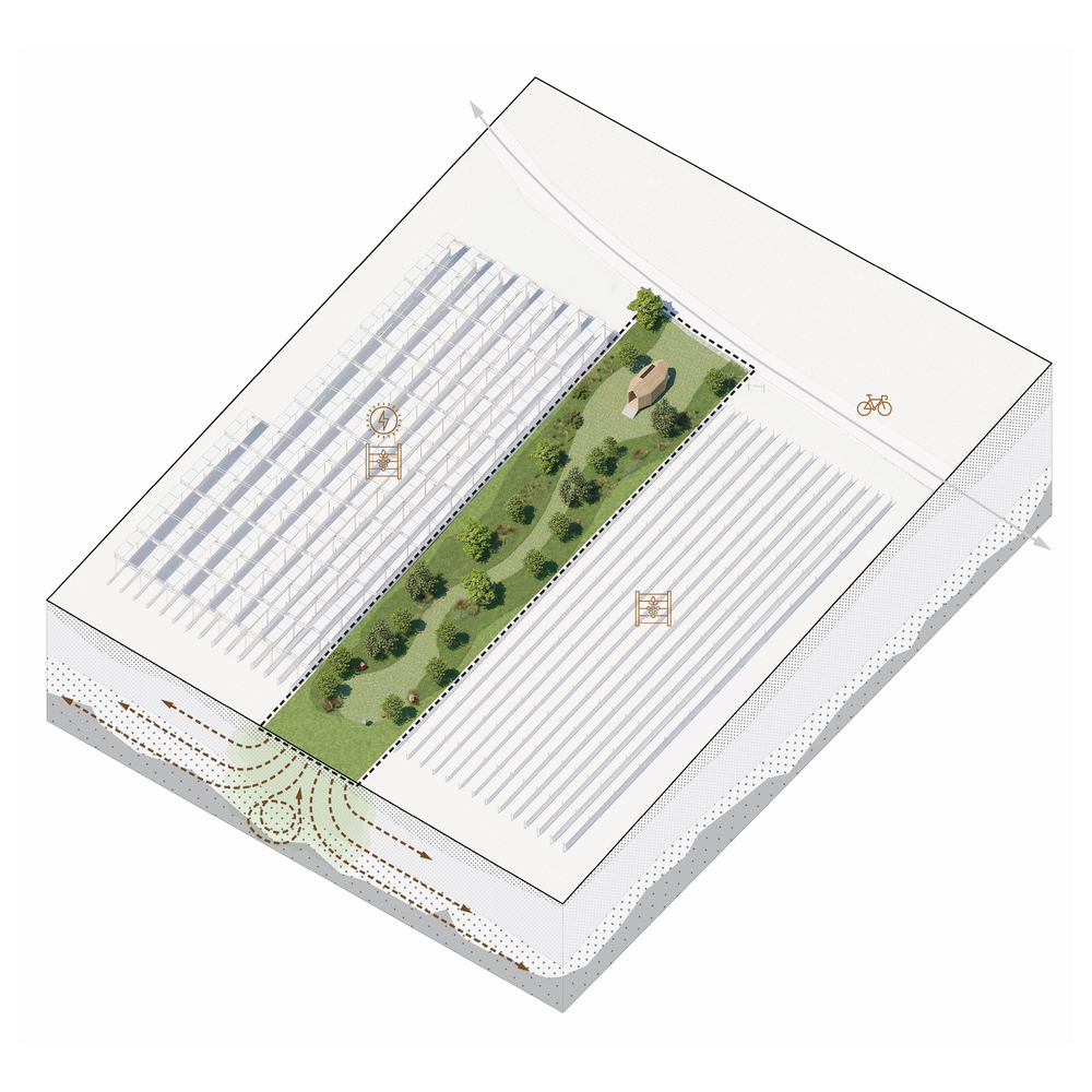 Axonometric drawing showing a green planted corridor between two greenhouse volumes with cyclist