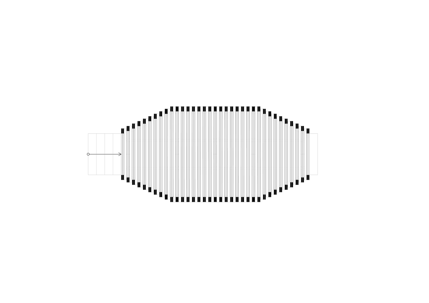 Plan drawing showing an elliptical colonnade with vertical structural elements and a scale reference grid