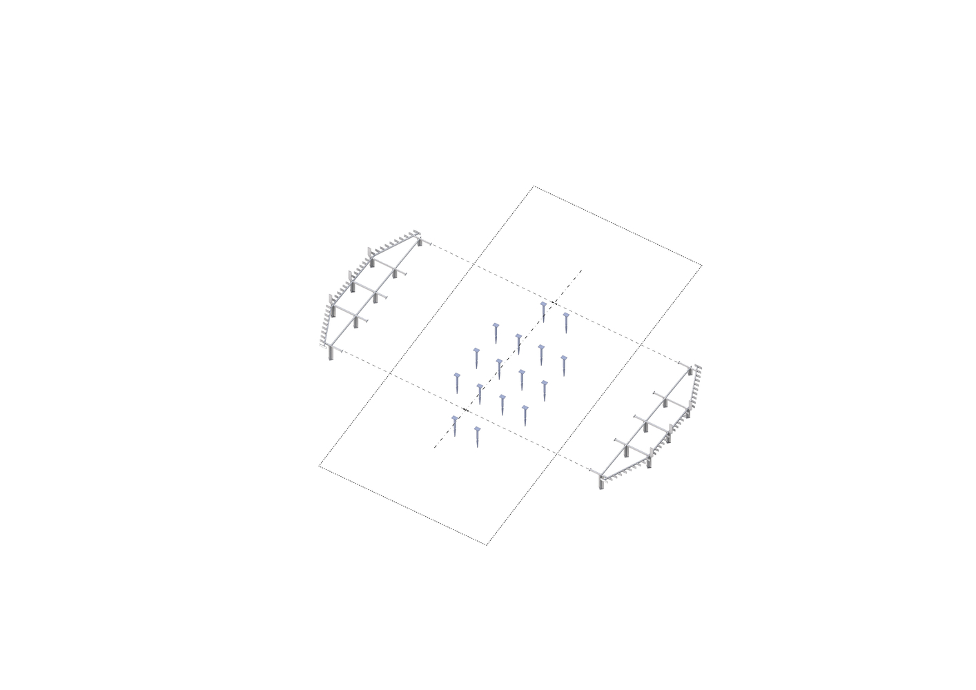 Axonometric drawing showing a rectangular volume flanked by two curved timber canopy structures