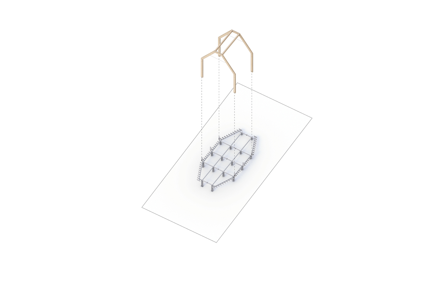 Axonometric drawing showing a timber entry portal frame above an elliptical colonnade and central space