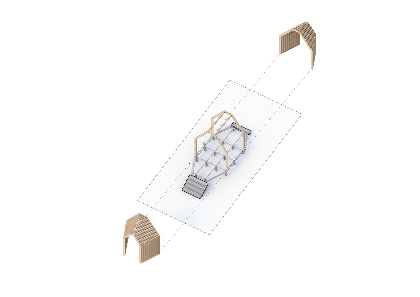 Axonometric drawing showing three timber canopy structures with laminated ribs flanking a central colonnade