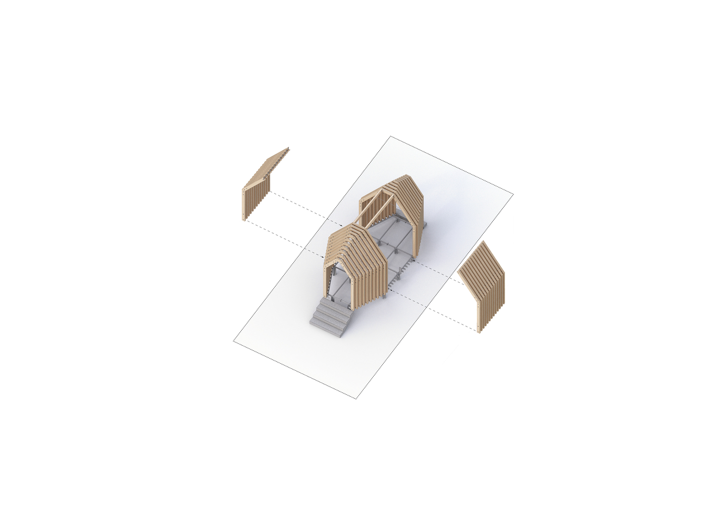 Axonometric drawing showing paired timber arches over a central volume with lateral curved canopies