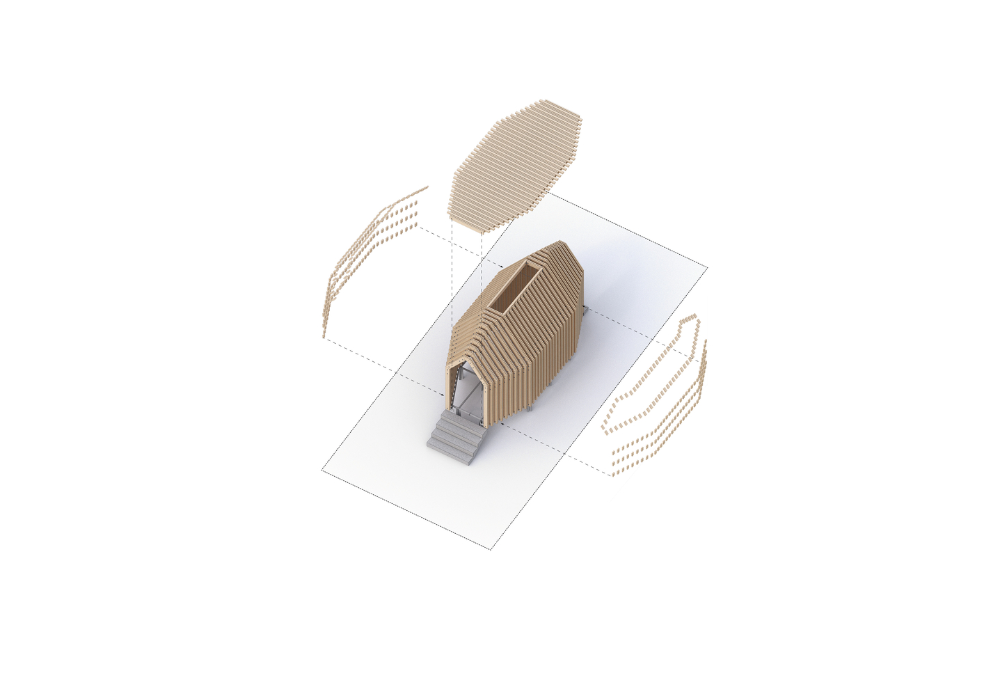 Axonometric drawing showing a layered timber structure with curved roof elements and a concrete base