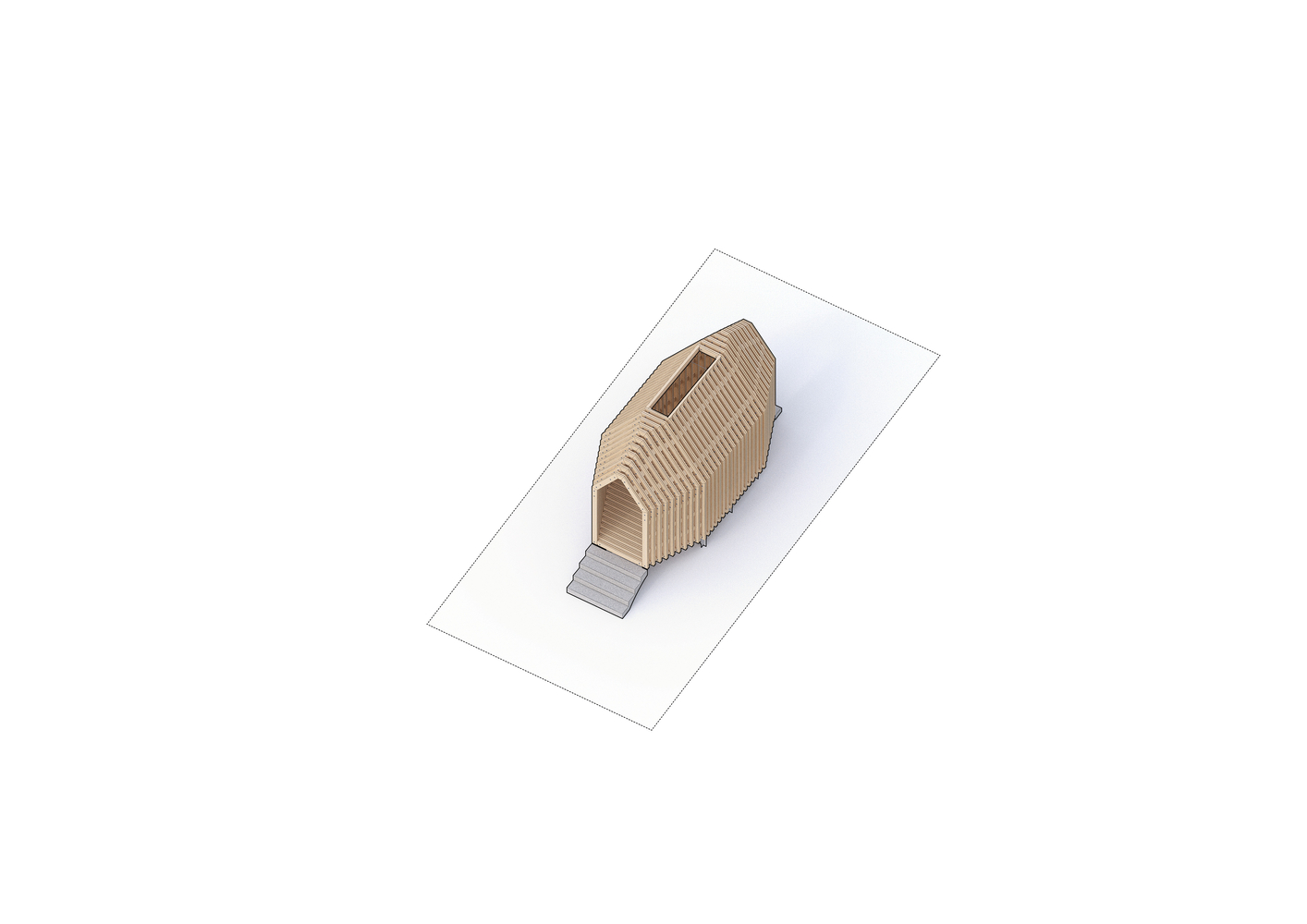 Axonometric view of a timber barrel-vaulted volume with entry opening on a concrete platform